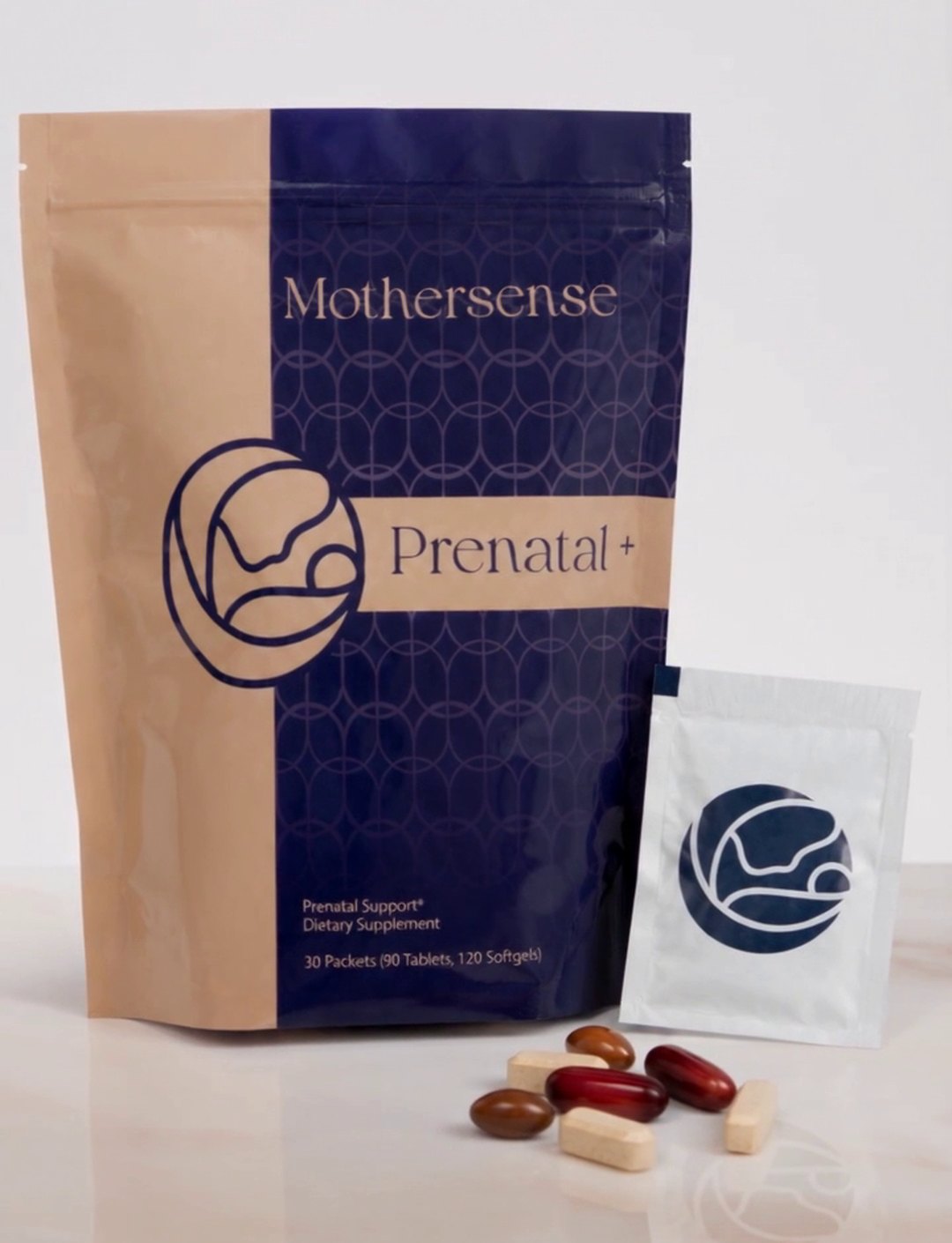 The Mothersense Prenatal+ pouch beside a single daily sachet and the pieces it holds